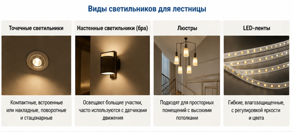 Виды светильников для лестницы