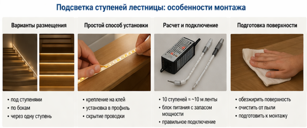 Подсветка ступеней лестницы - особенности монтажа